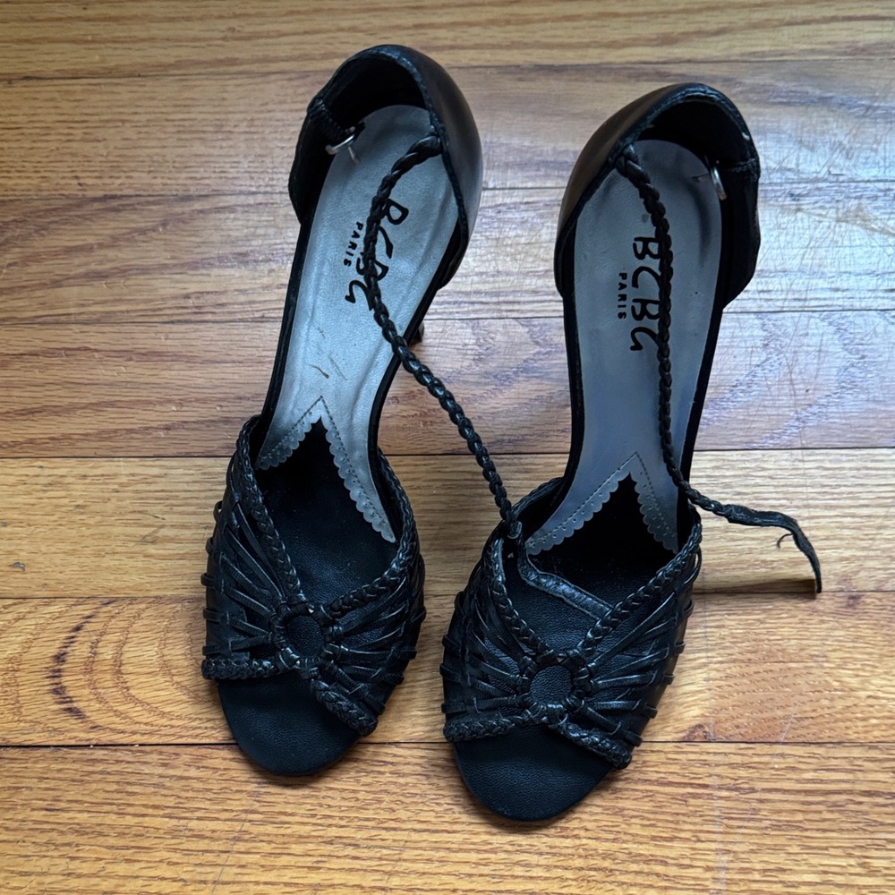 BCBG Black Braided Open-Toe Heels